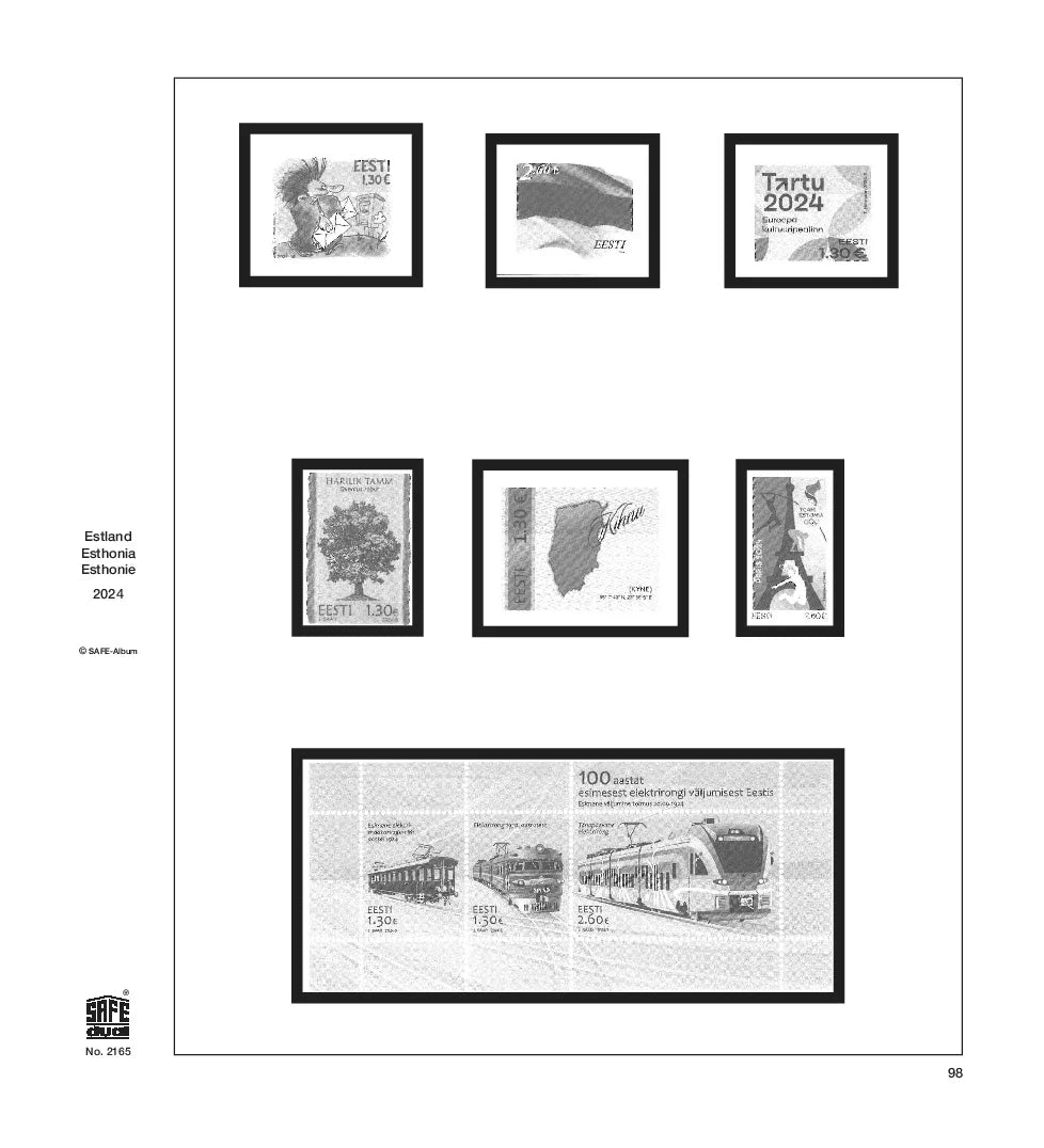Illustration of black and white stamps from the Estonia's 2024 annual supplement, displayed on a white page.