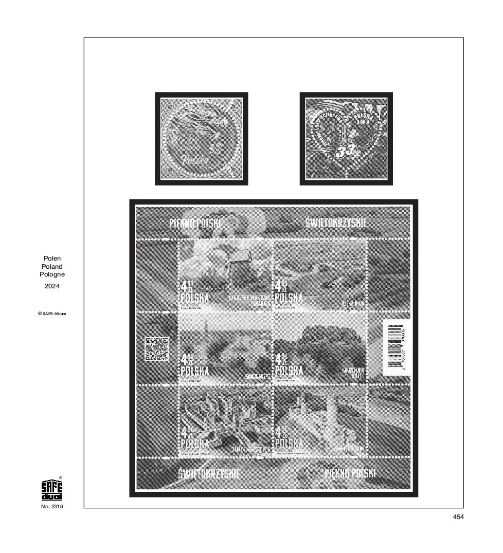 Illustration of black and white stamps from the Poland's 2024 annual supplement, displayed on a white background.