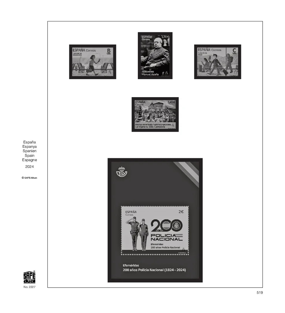 Illustration of black and white stamps from the Spain's 2024 annual supplement, displayed on a white background.