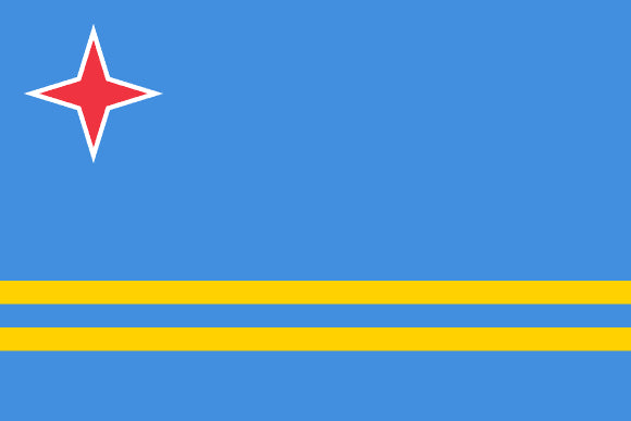 Flag of Aruba with a blue background, 3 yellow horizontal stripes and a red star