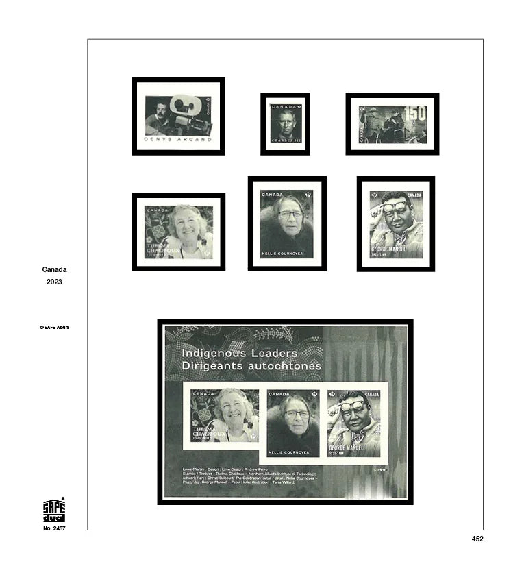 Illustration of black and white stamps from the Canada's 2023 annual supplement, displayed on a white page.