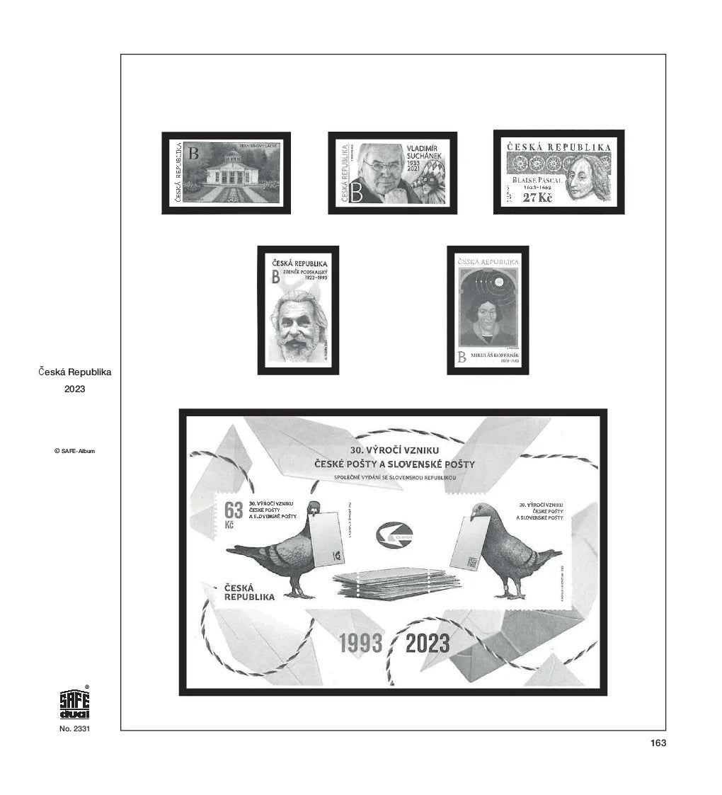 Illustration of black and white stamps from the Czechia's 2023 annual supplement, displayed on a white page.