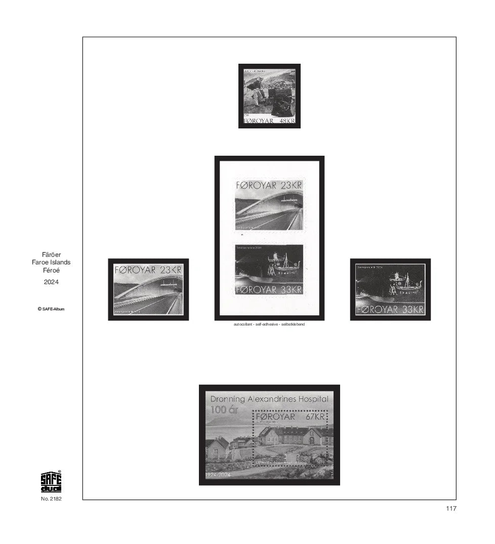 Illustration of black and white stamps from the Faroe Island's 2024 annual supplement, displayed on a white page.