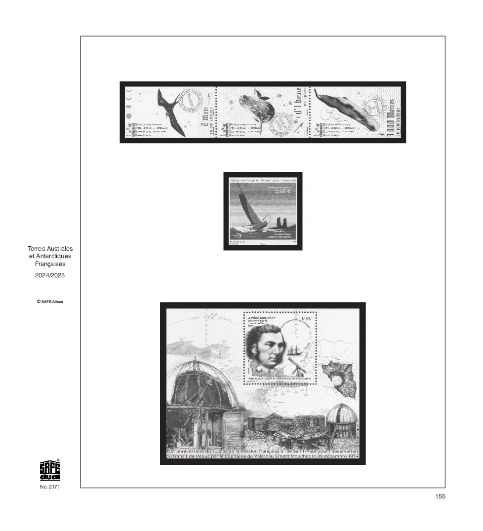Illustration of black and white stamps from the French Antarctic's 2024/2025 annual supplement, displayed on a white page.