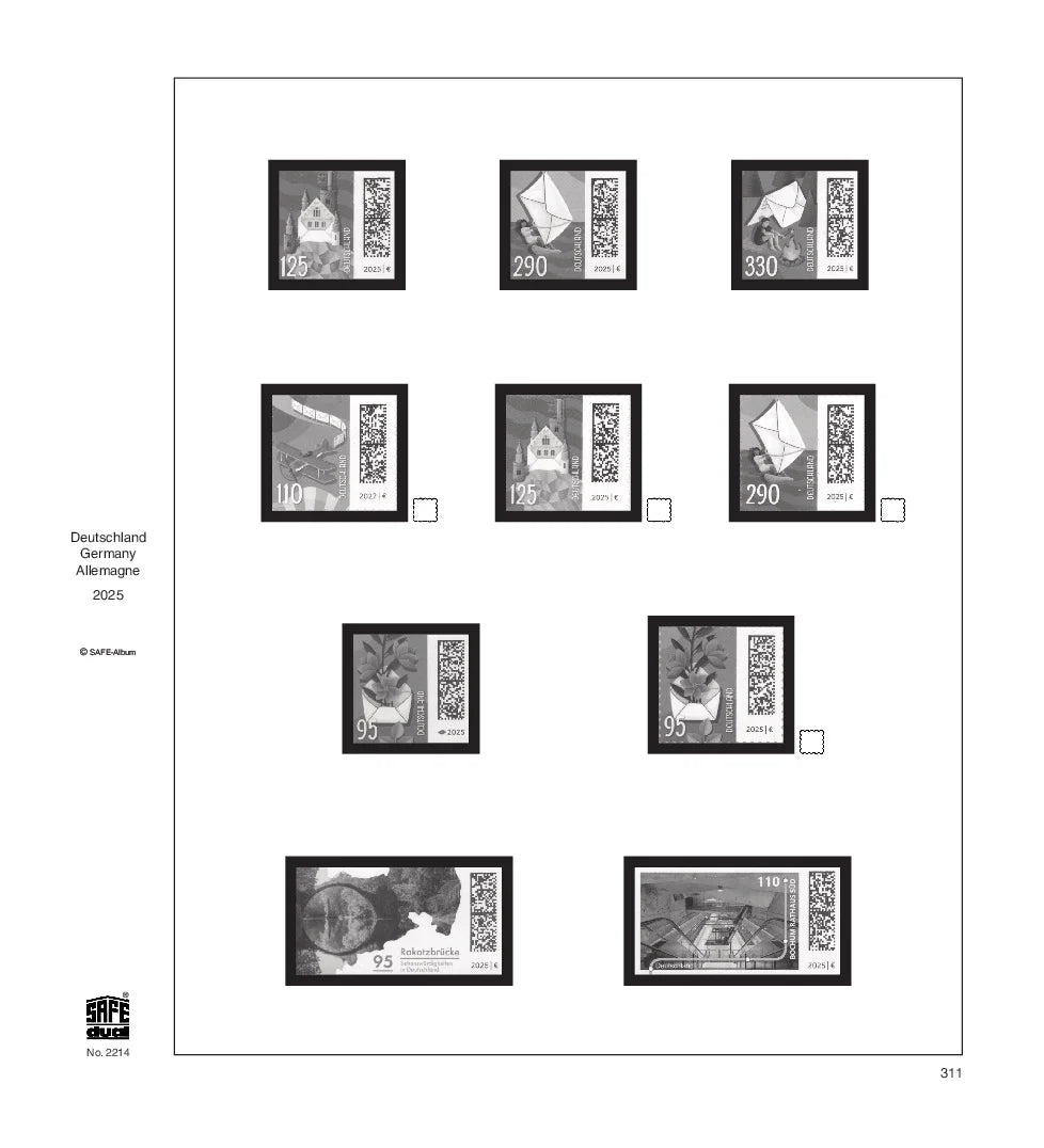 Illustration of black and white stamps from the Germany's 2025 annual supplement, displayed on a white page.