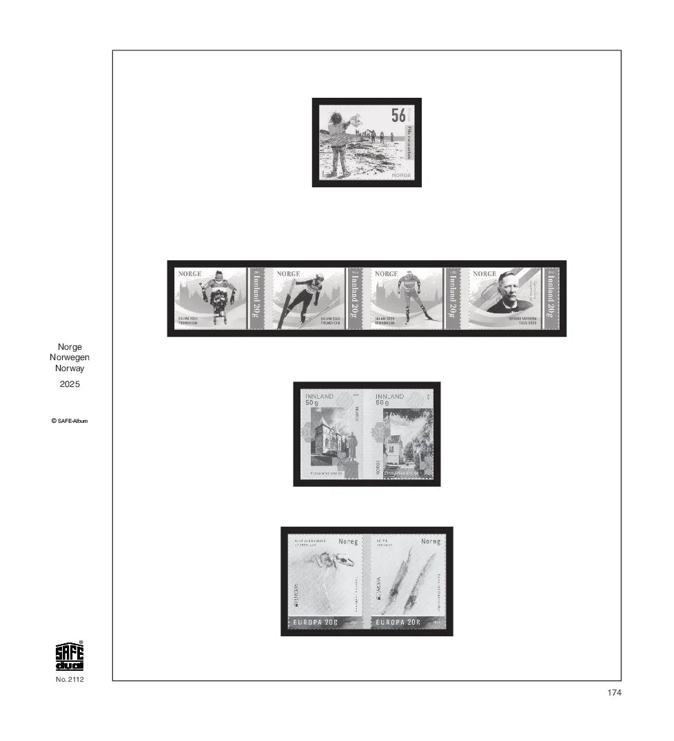 Illustration of black and white stamps from the Norway's 2025 annual supplement, displayed on a white page.