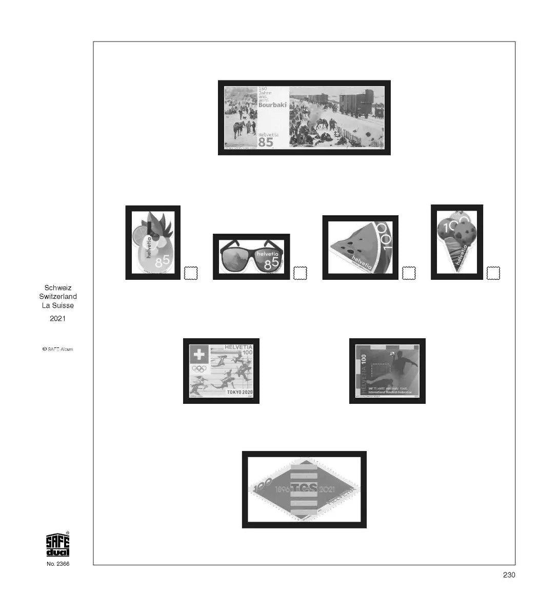 Illustration of black and white stamps from the Switzerland's 2021 annual supplement, displayed on a white page.