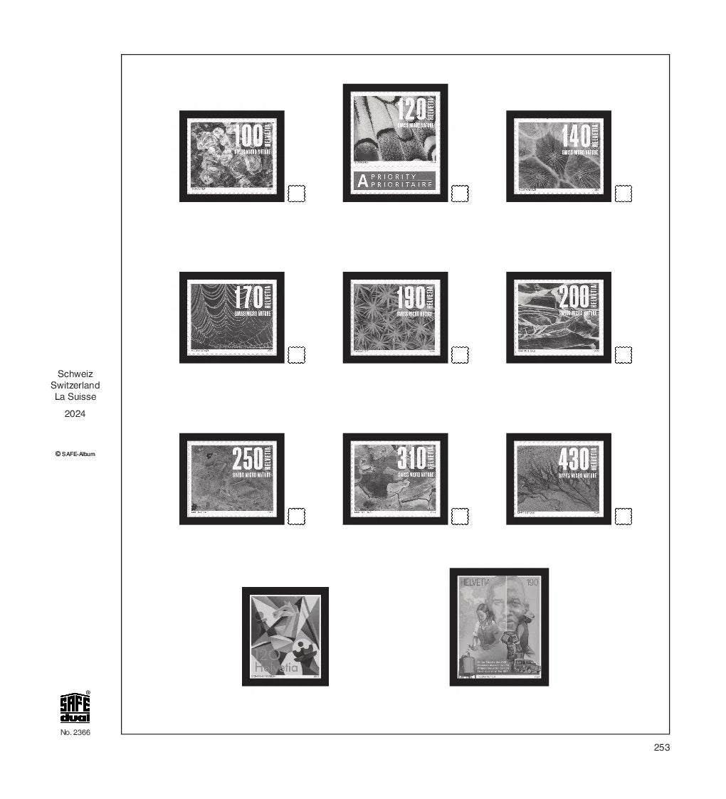 Illustration of black and white stamps from the Switzerland's 2024 annual supplement, displayed on a white page.
