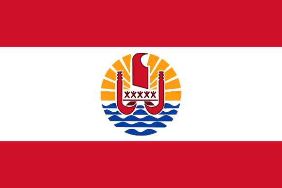 French Polynesia Flag: a central emblem featuring a red and orange design on a red & white background
