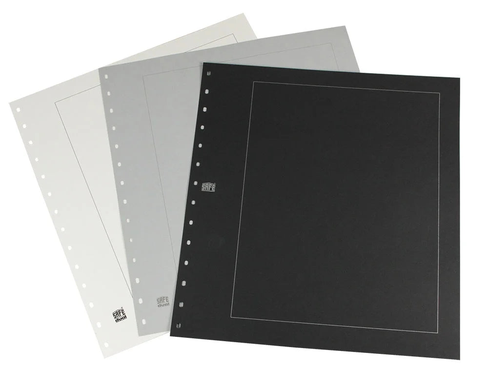 Set of three stamp exhibit pages with borders in black, grey and white on a white background