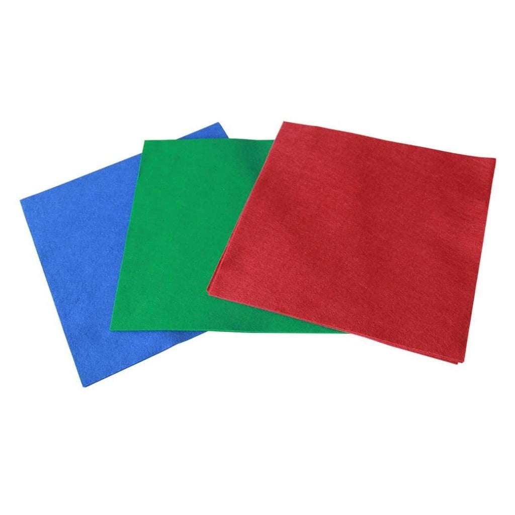 Three felt insert liners in blue, green, and red on a white background