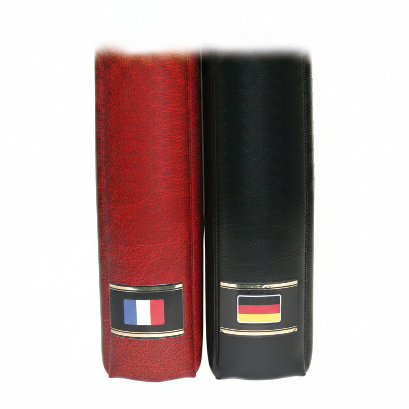 Two binder spines, one red and one black, with gold & black country flag labels on a white background
