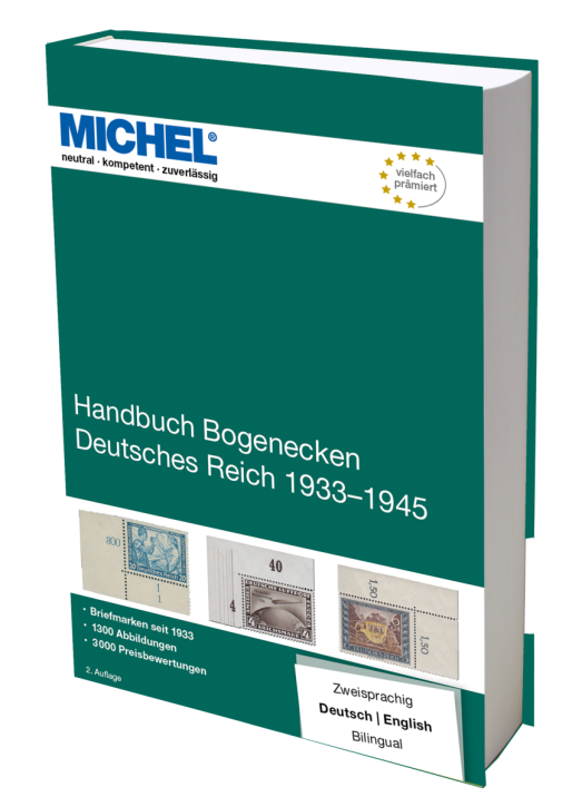 A hardcover book titled "Handbuch Bogenecken Deutsches Reich 1933–1945" by Michel, shown at a slight angle against a plain white background. The cover is predominantly dark green with white text and small postage stamp images near the bottom.