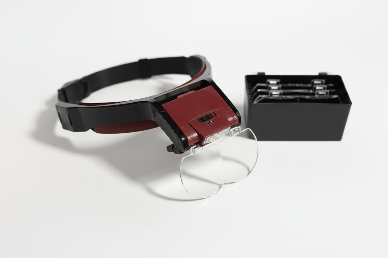 A close-up magnifying glass headband with a black and dark red frame and clear lens, shown next to a black storage case containing multiple lenses on a white surface.