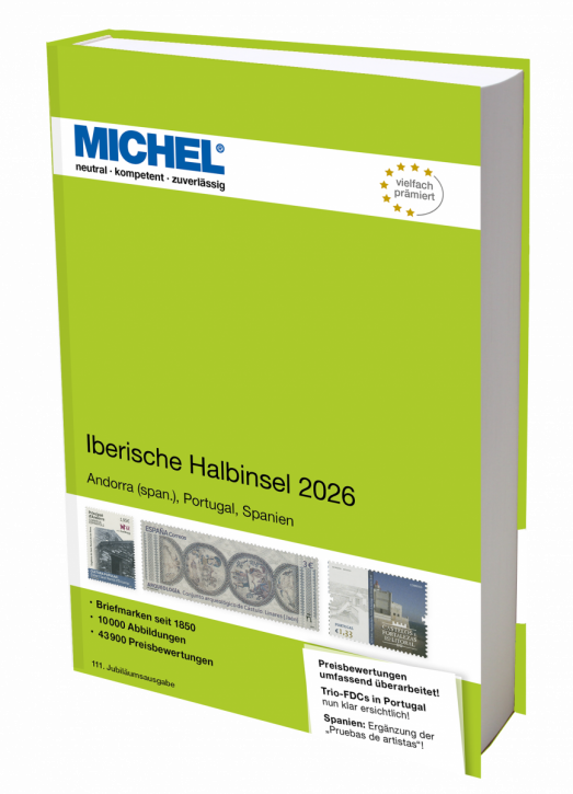 Michel Iberische Halbinsel 2026stamp catalog with a green cover featuring an array of stamps on a white background
