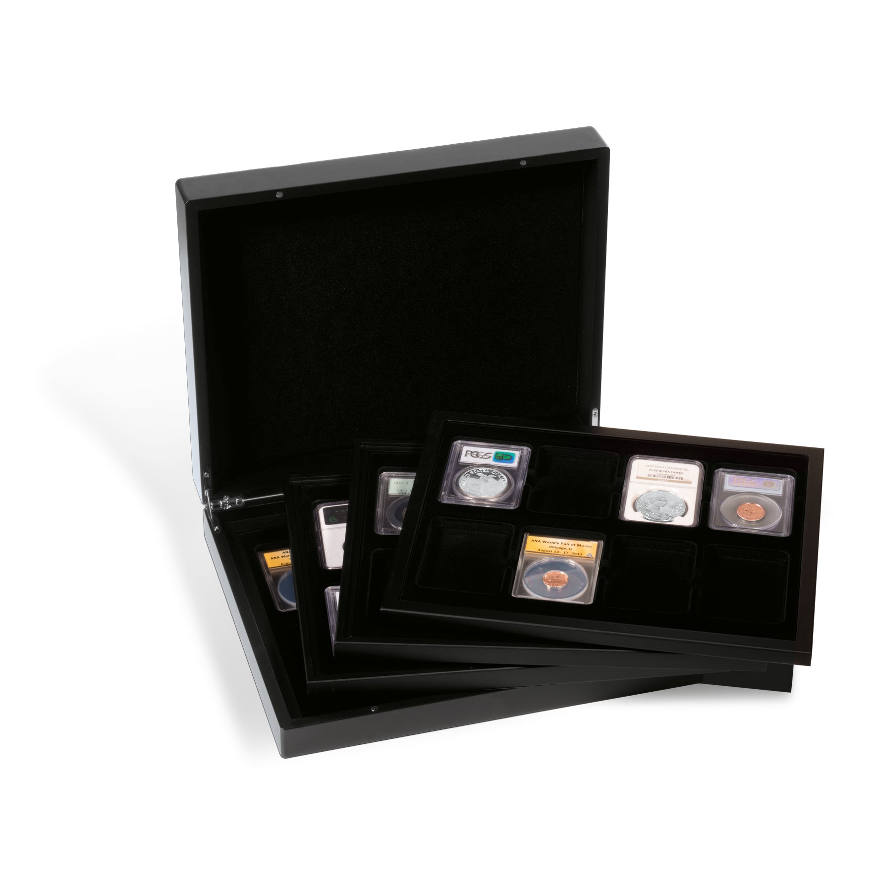 Matte black display case with 4 velvet trays, each tray holding 8 collectible graded coins on a white background