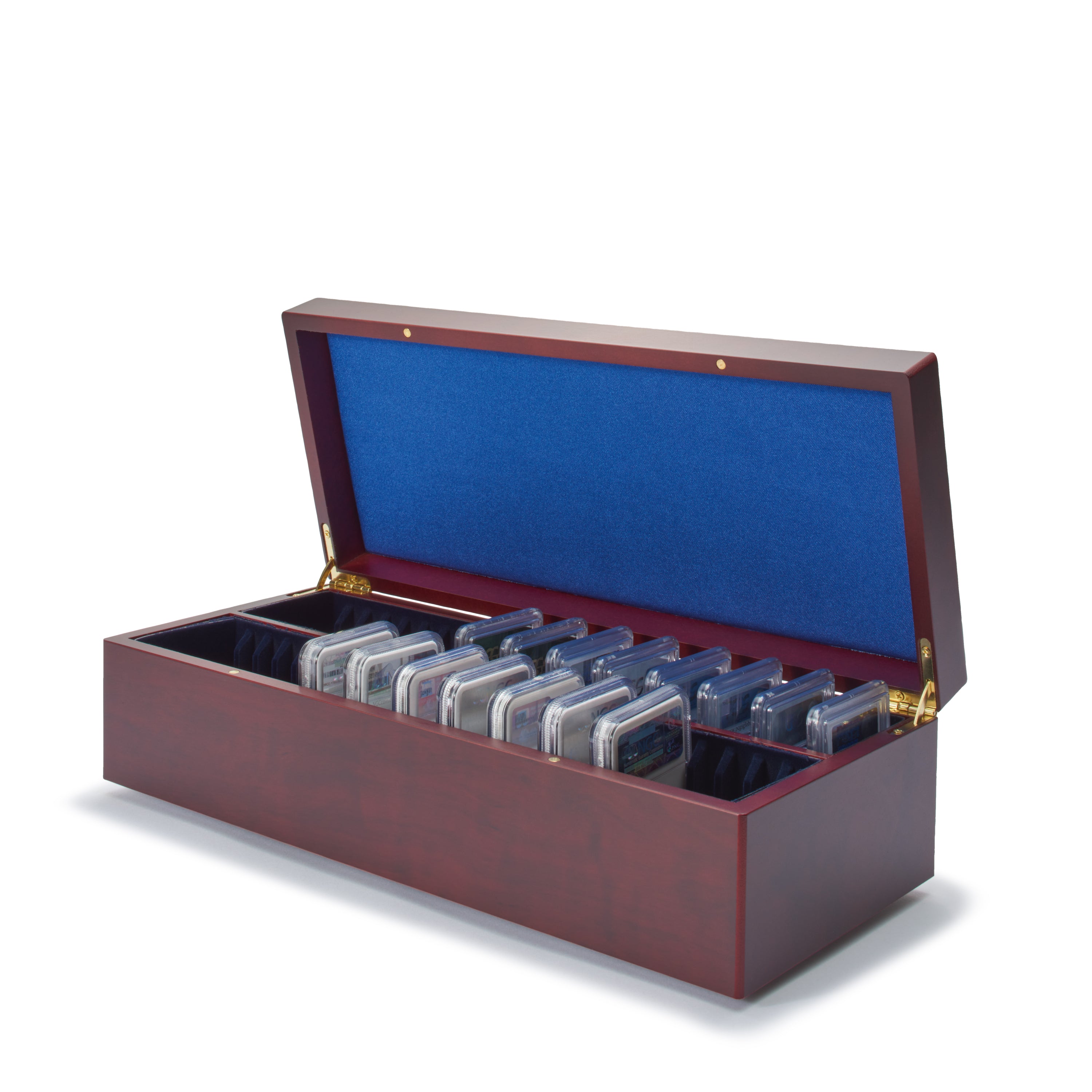 Wooden coin box with blue interior holding multiple graded coin slabs on a white background