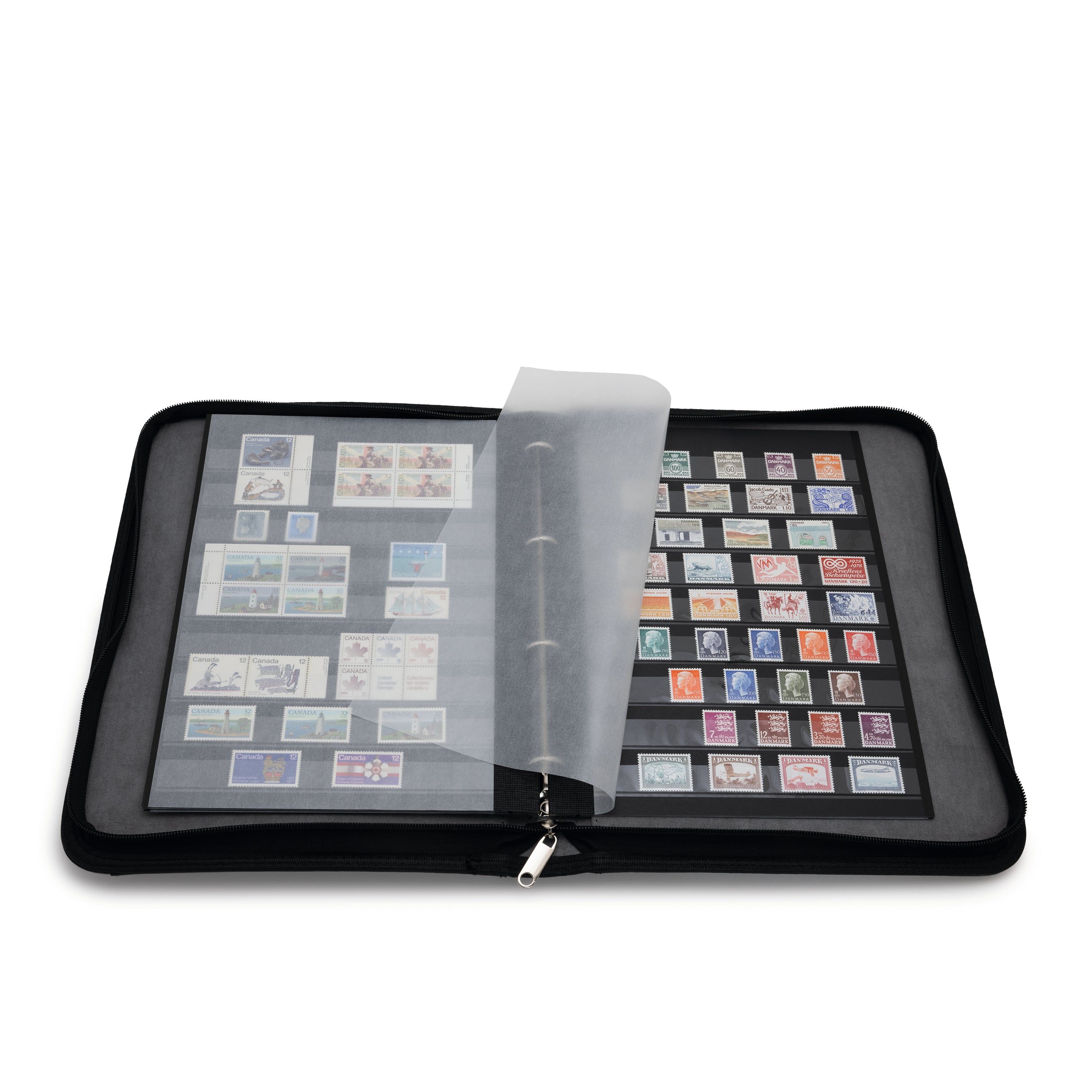 Collection of stamps displayed in black stock pages inside a black zipper binder on a white background