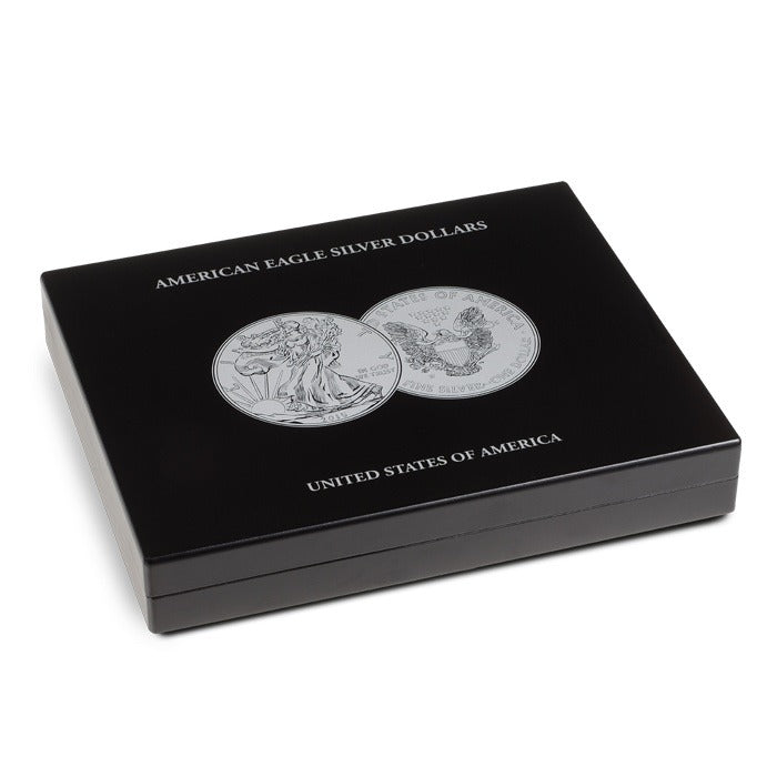 Black presentation coin case with images of the front/back of an ASE labeled 'American Eagle Silver Dollars' on a white background