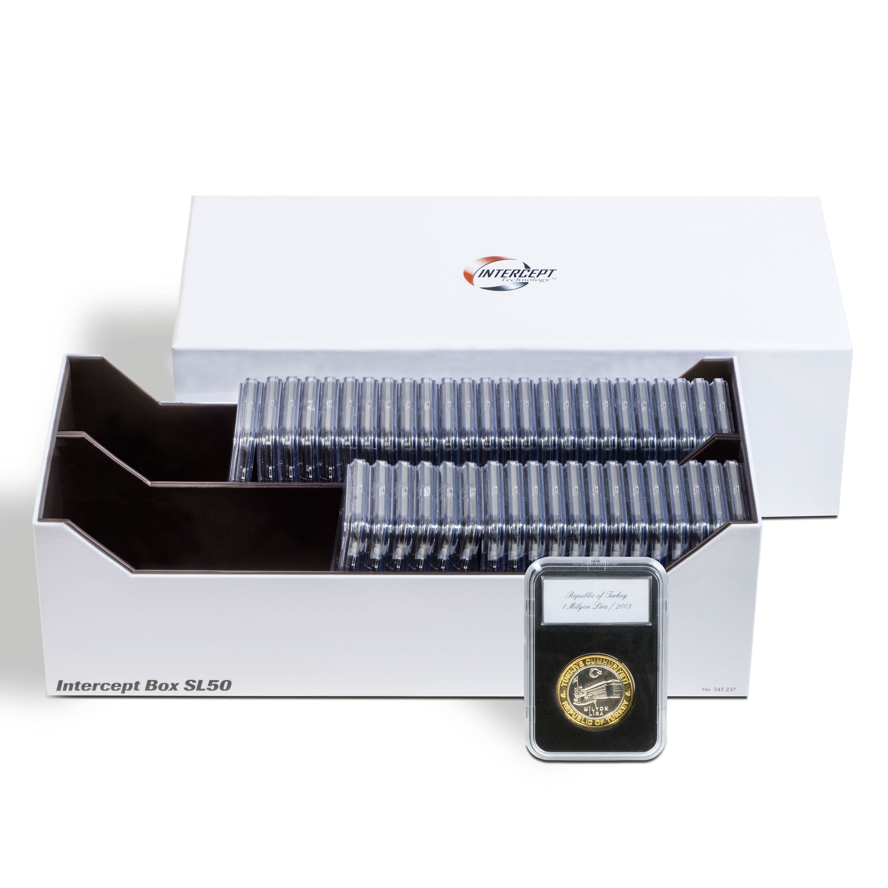 Intercept Coin Slab Storage Box that holds up to 50 certified graded coin slabs on a white background