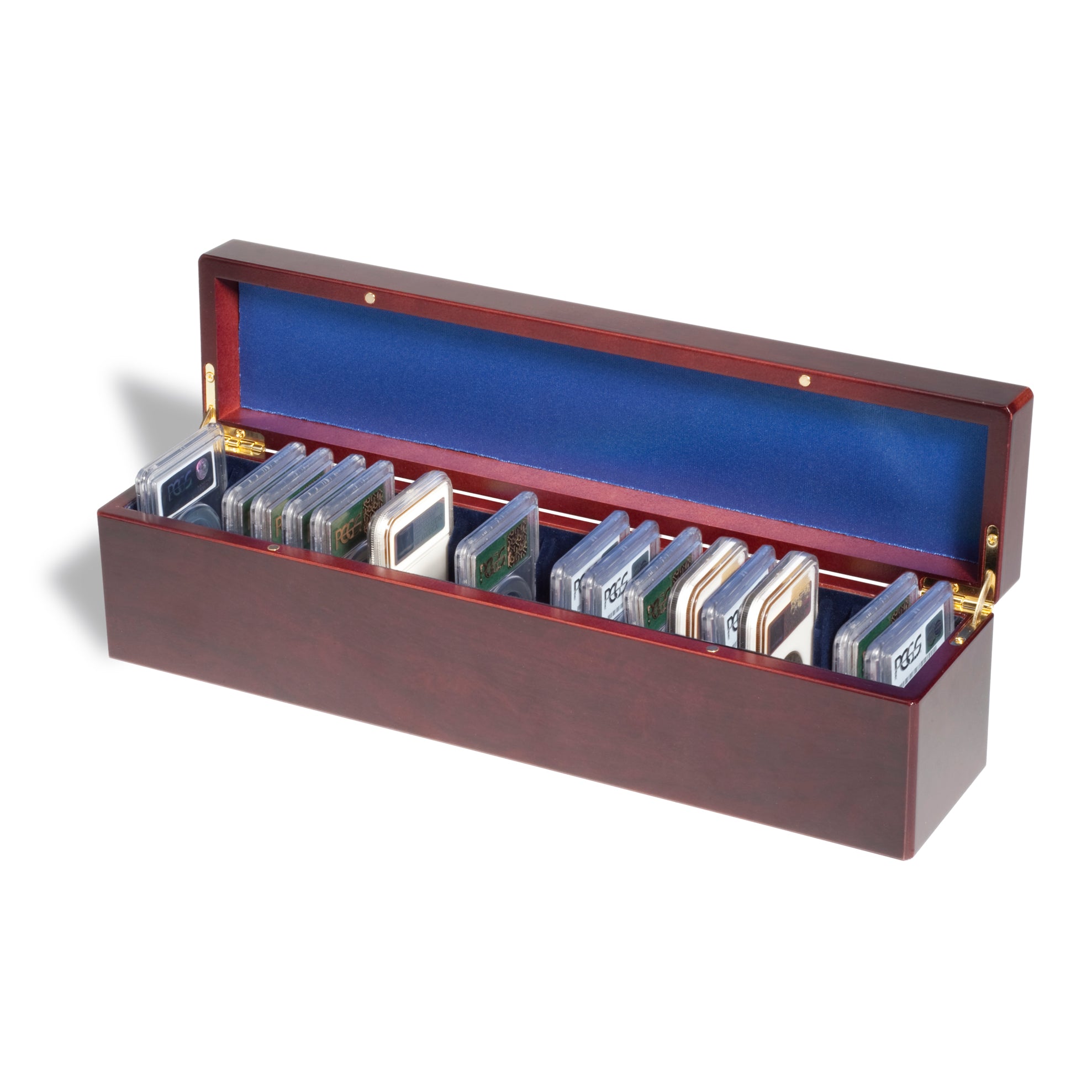 Wooden display case with blue interior holding up to 25 graded coin slabs on a white background