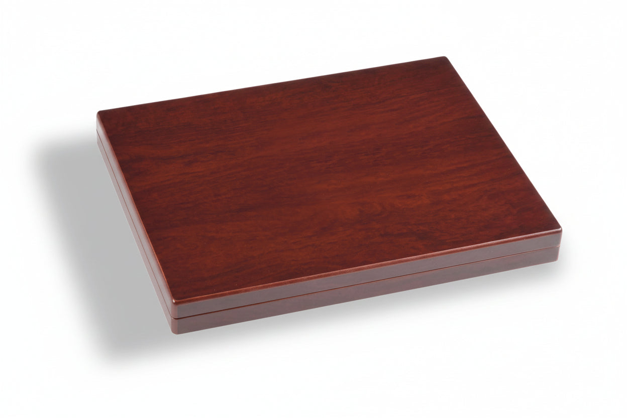 Wooden box with a glossy finish on a white background