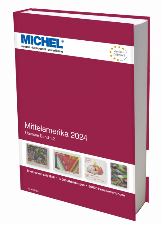 Michel Mittelamerika 2024 stamp catalog with a red cover featuring an array of stamps on a white background