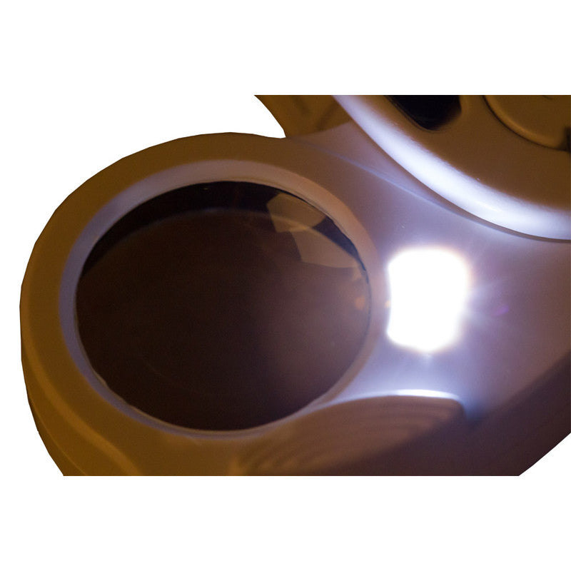 Close-up of a light on the magnifying loupe on a white background.