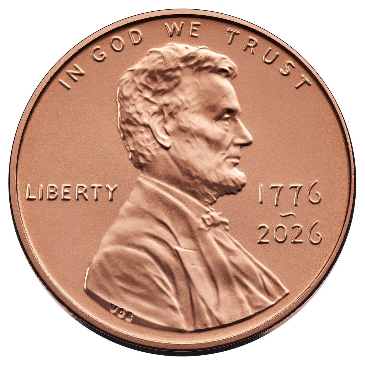 Copper penny with Abraham Lincoln's portrait and 'In God We Trust' text on a white background