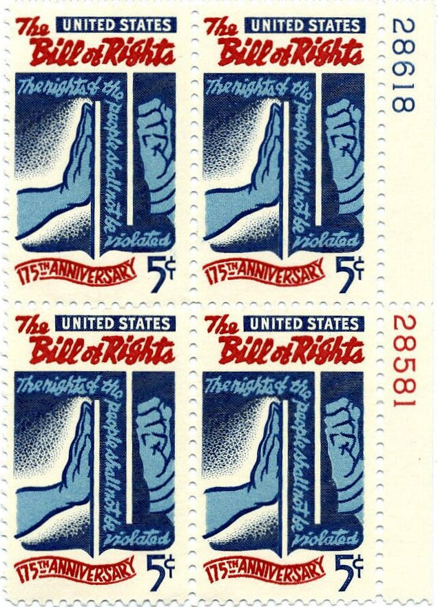 Plate block of U.S. stamps commemorating the Bill of Rights with blue and red design.