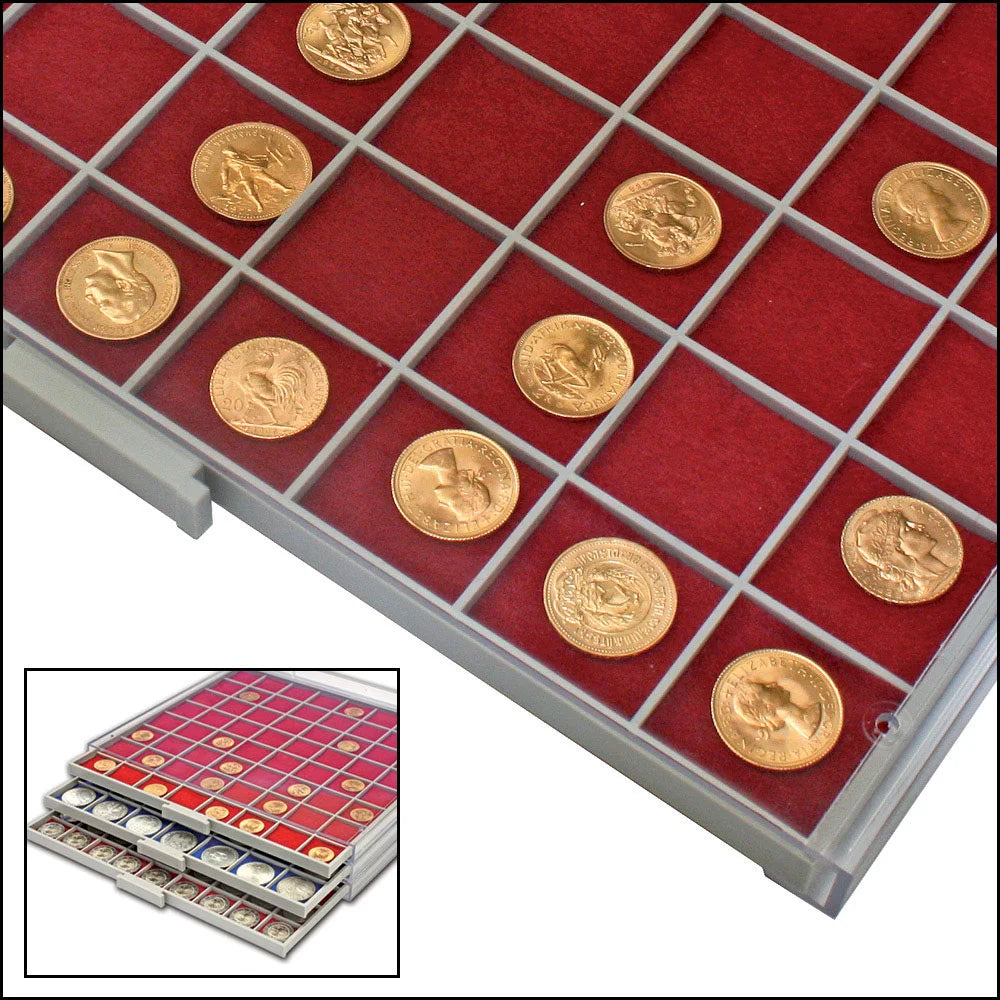 detail shot of the gray grid tray drawer with red felt inserts and gold coins on a white background