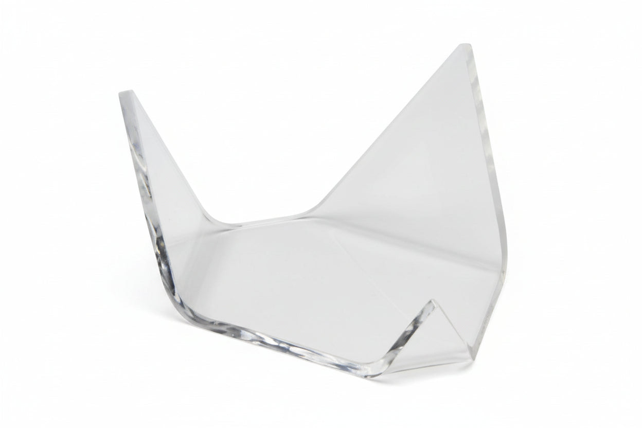 Clear acrylic geode triangle display easel for collectibles on a white background