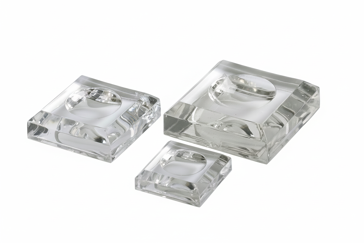 Set of three different size clear acrylic dimple easels/stands on a white background