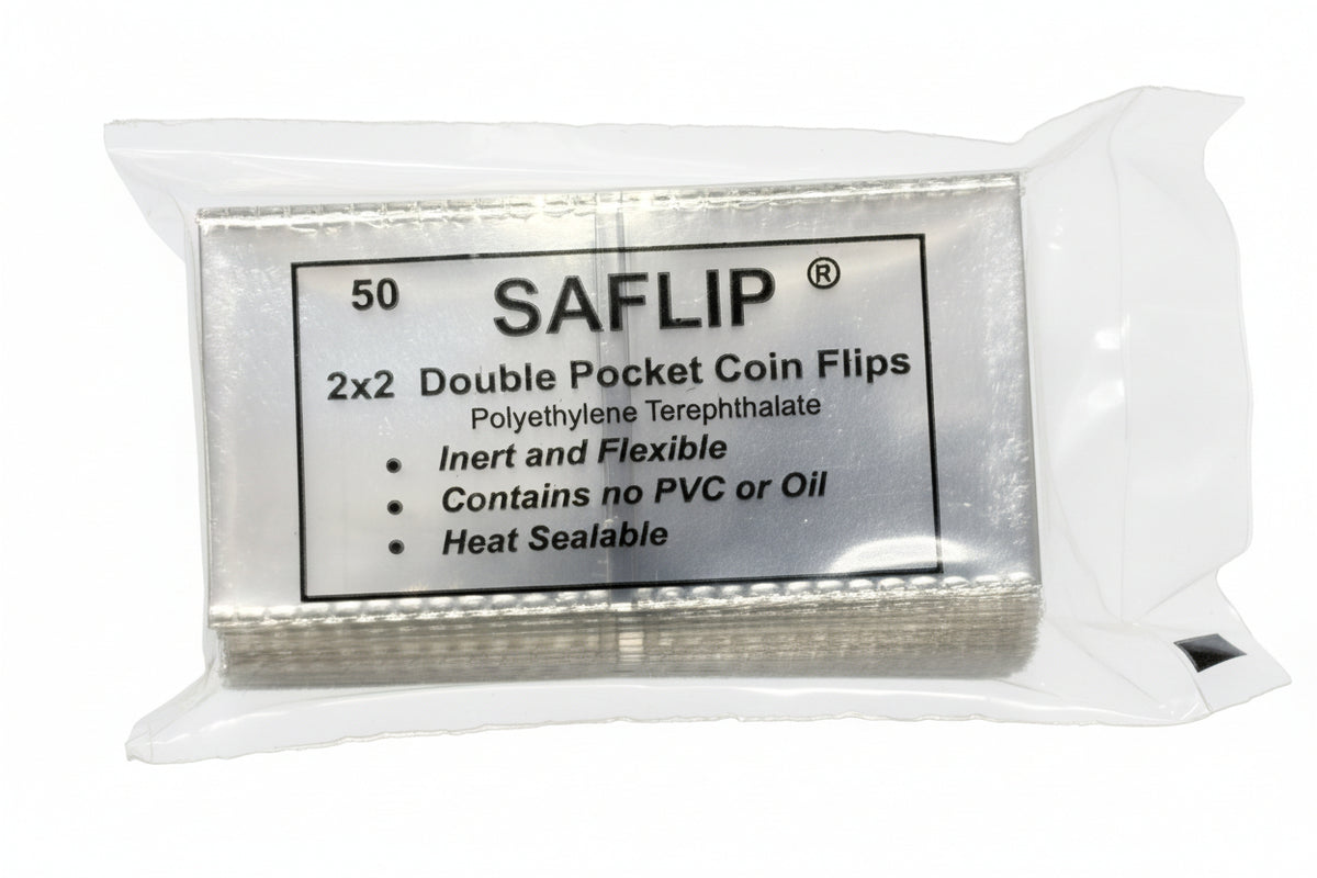 A clear plastic bag containing 50 clear double pocket coin flips by SAFLIP, placed on a white background.