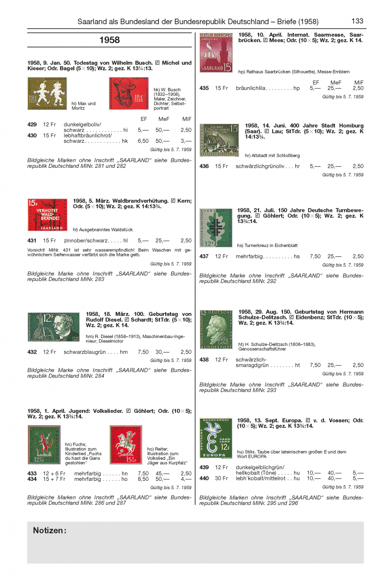 Page from a Michel stamp catalog featuring stamps of Saar with text and numbers.