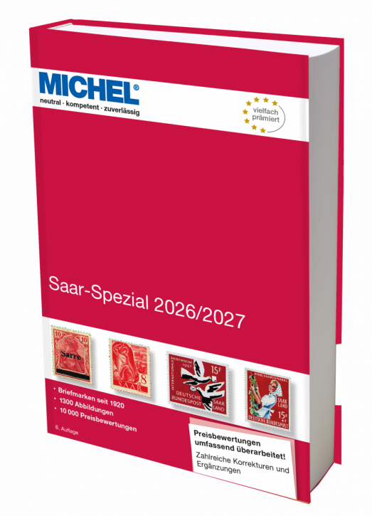 Michel Saar-Spezial 2026/2027 stamp catalog with a red cover featuring an array of stamps on a white background