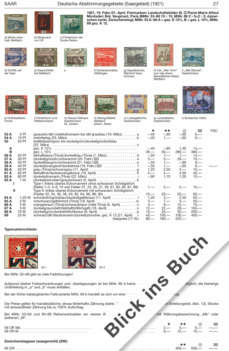 Page from a Michel stamp catalog featuring stamps of Saar with text and numbers.