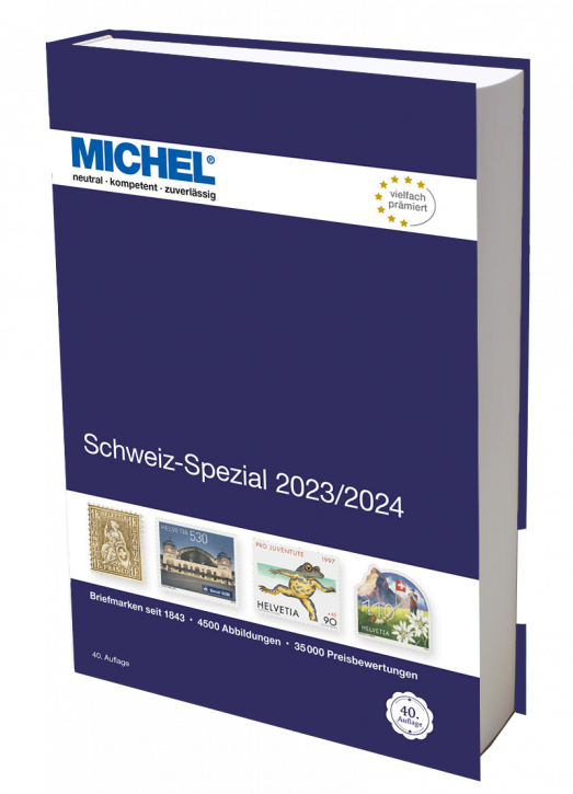 Michel Schweiz-Spezial 2023/2024 stamp catalog with a blue cover featuring an array of stamps on a white background