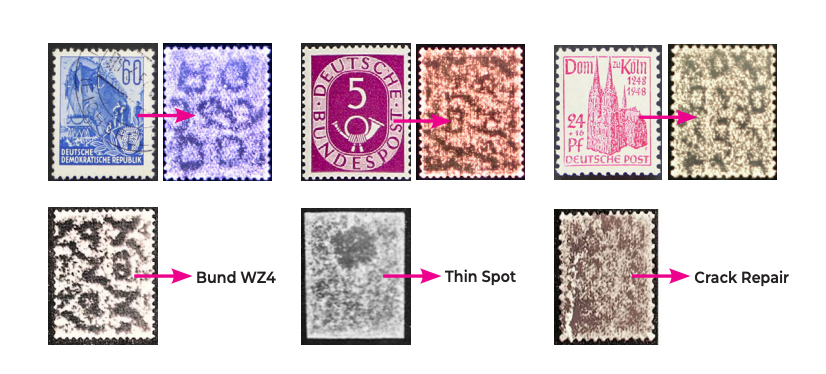 Collection of stamps with various repair and defect labels representing the power of the SAFE Watermark Detector: Signoscope on a white background