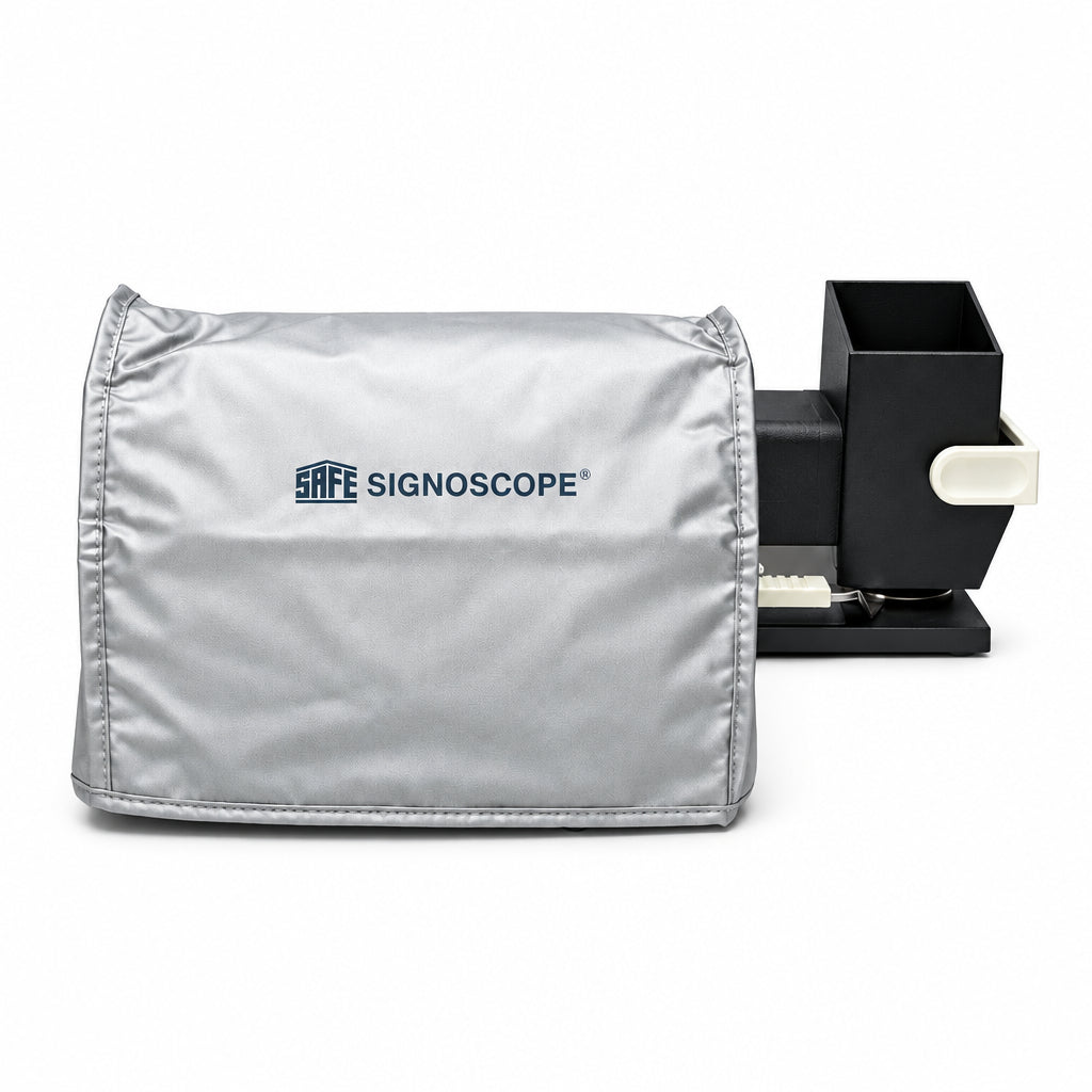 A silver Signoscope protective cover with the brand logo, shown next to the Signoscope PRO on a clean white background.