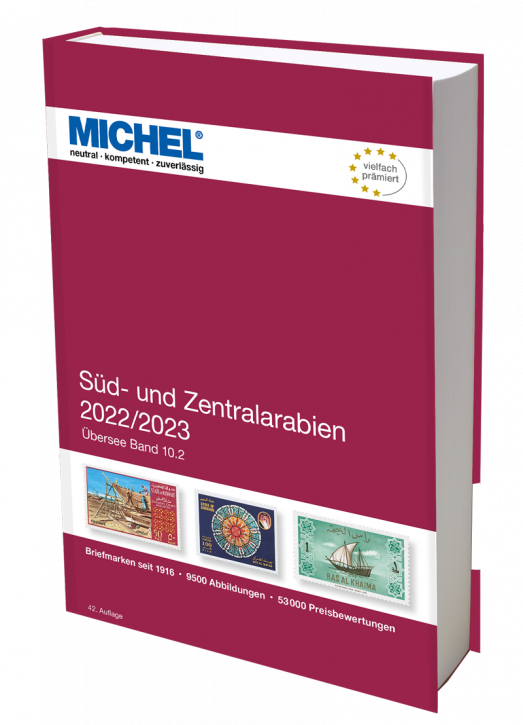 Michel sud und zentralarabien 2022/2023 stamp catalog with a red cover featuring an array of stamps on a white background
