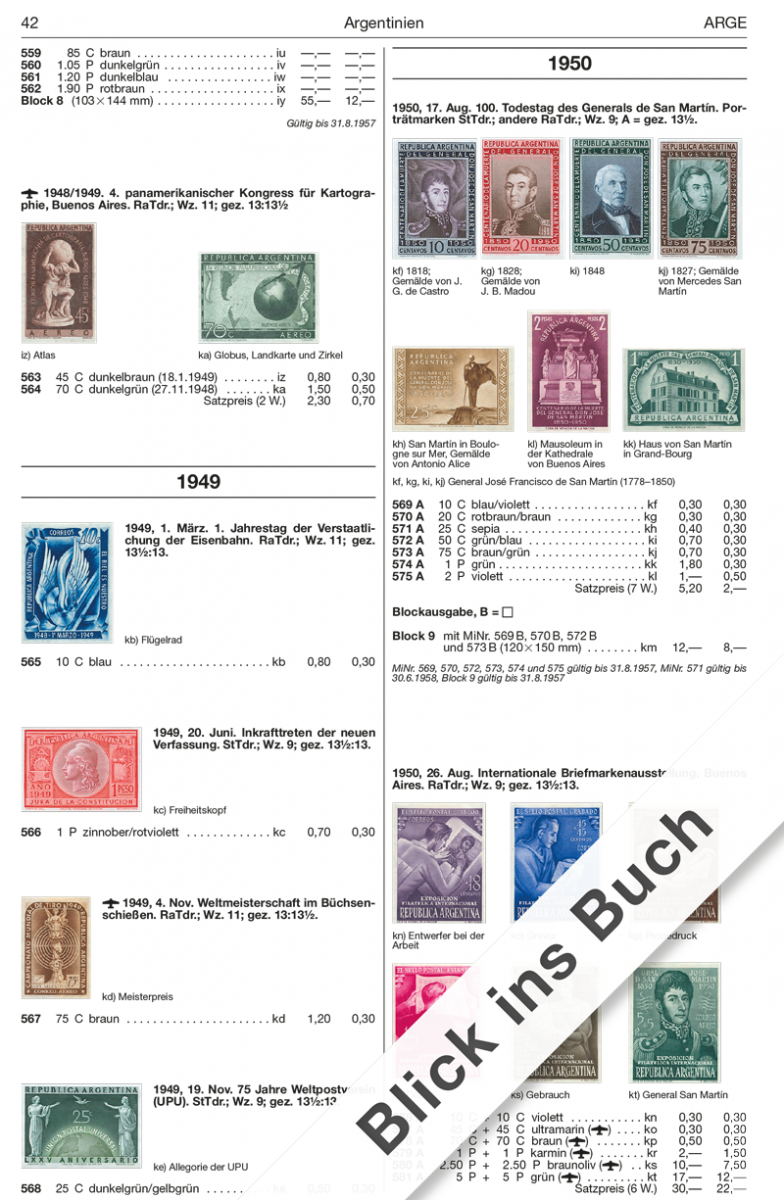 Page from a Michel stamp catalog with various stamps and text