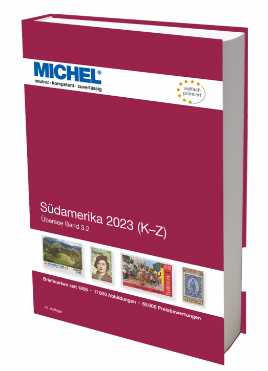 Michel sudamerika 2023 (K-Z) stamp catalog with a red cover featuring an array of stamps on a white background