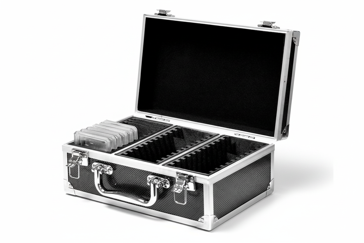 Black and silver aluminum case open ajar displaing foam compartments for graded coins on a white background