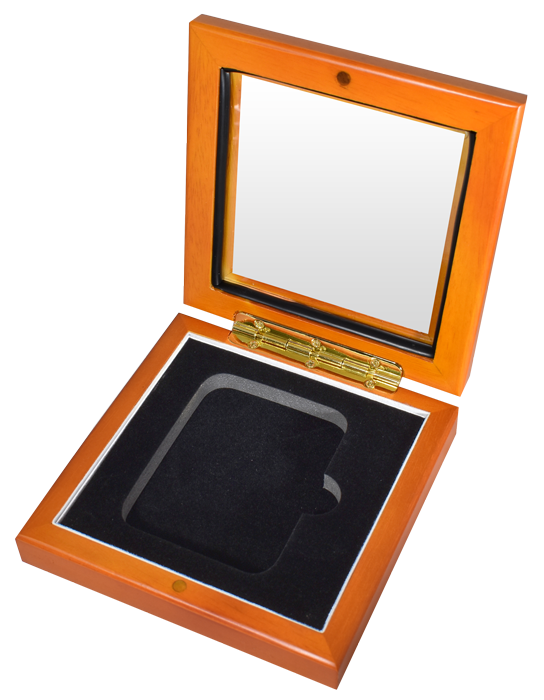 Open wooden display case for a single graded coin slab with a glass top and a black velvet interior/insert