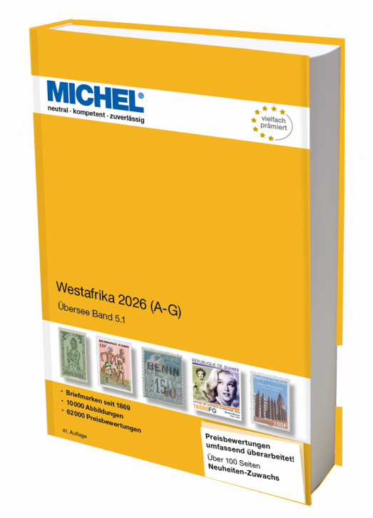 Michel Westafrika 2026 (A-G) stamp catalog with a yellow cover on a white background