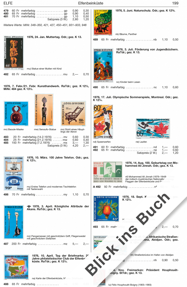 Catalog page with various stamps and collectible items, featuring a prominent 'Blick ins Buch' text.