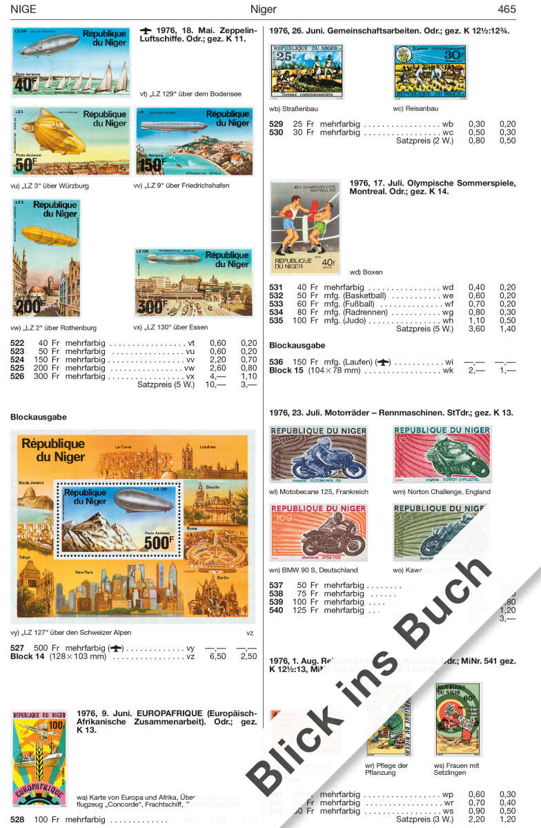 Page from a Michel stamp catalog with stamps, text & numbers