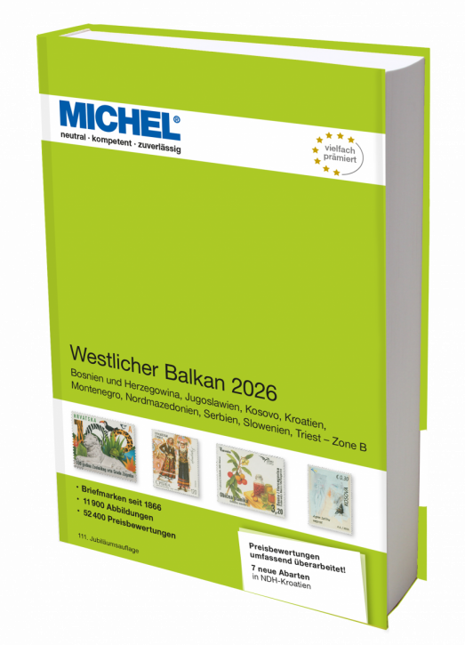 Michel Westlicher Balkin 2026 stamp catalog with a green cover featuring an array of stamps on a white background