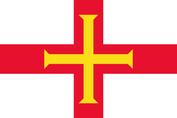 Guernsey Flag with a yellow cross on top of a red cross on a white background